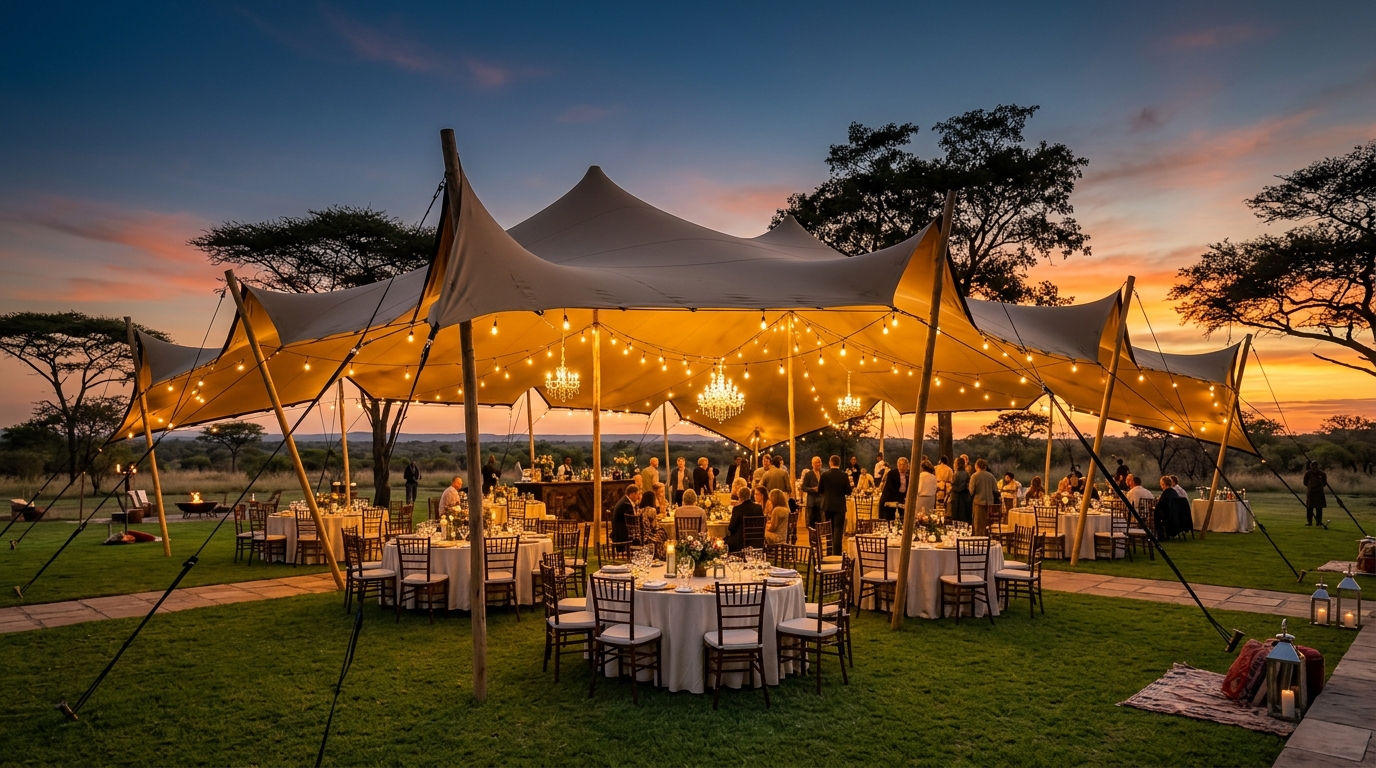 Luxury outdoor stretch tent event in Zimbabwe at twilight