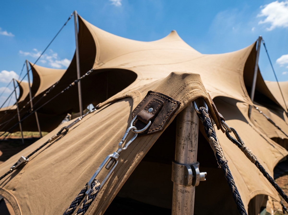 Architectural tension details and heavy-duty rigging of an Expandable Stretch Tent